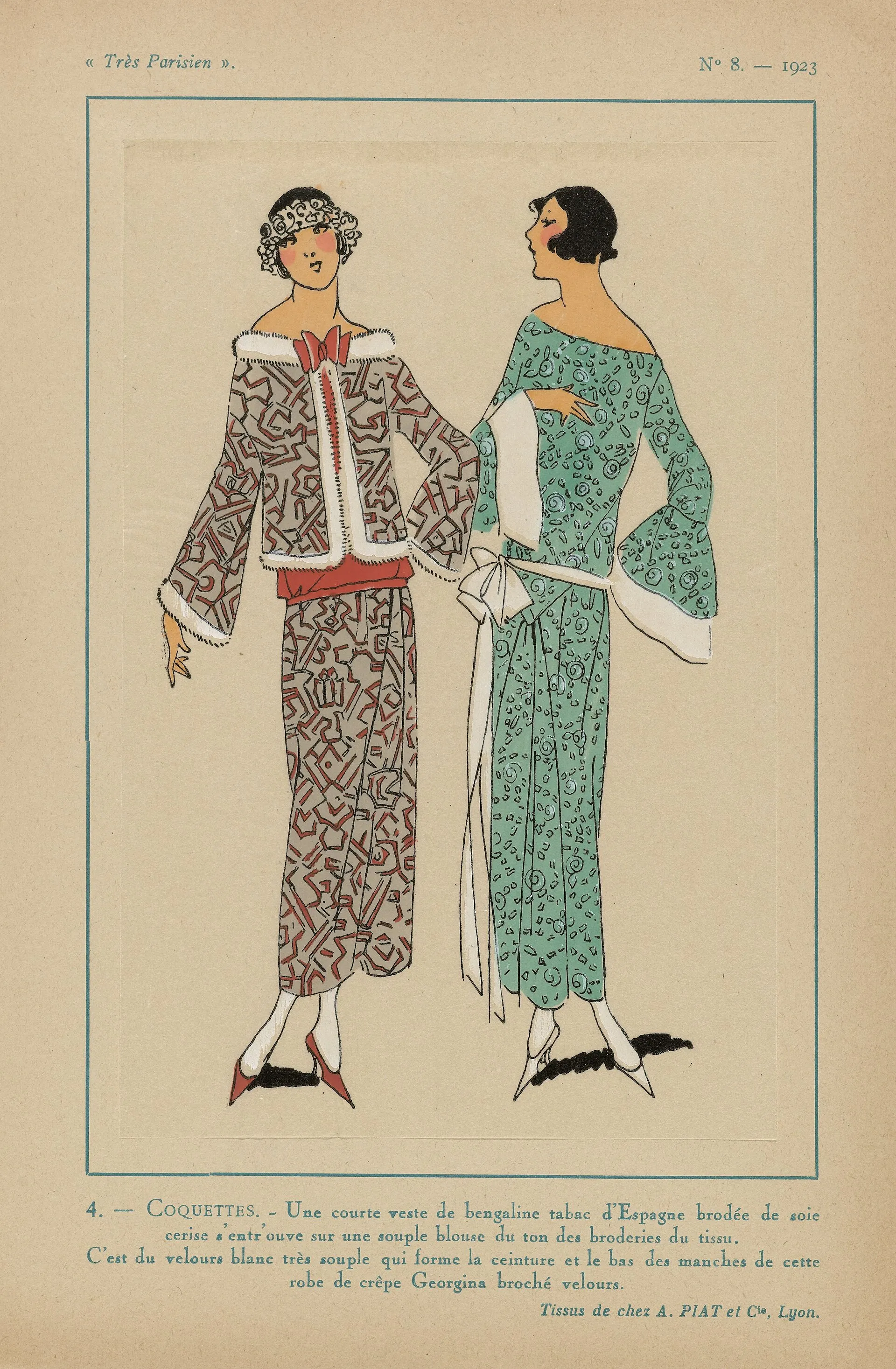 Coquetas (2023), Gouache al pochoir sobre papel, Serie de moda. Lámina de muestra, estilo art decó.